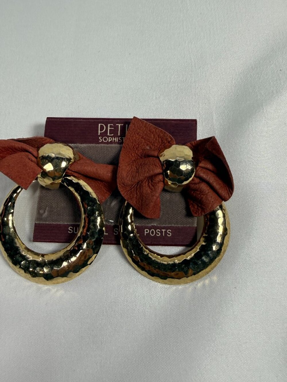 Petite Sophisticates Hammered Gold Tone Hoop Leather Bow Earrings